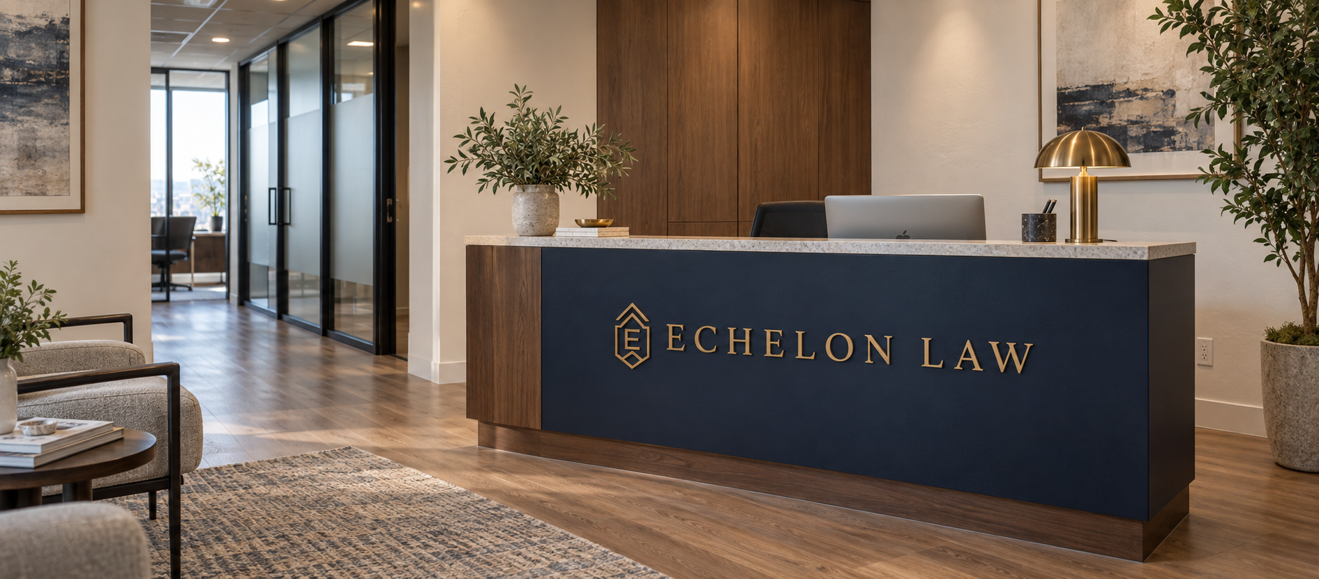 Área de recepción de Echelon Law con el logotipo de la firma en el mostrador